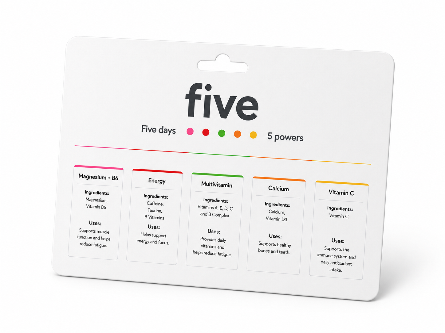 five powder cap — five formula details showing ingredients and uses